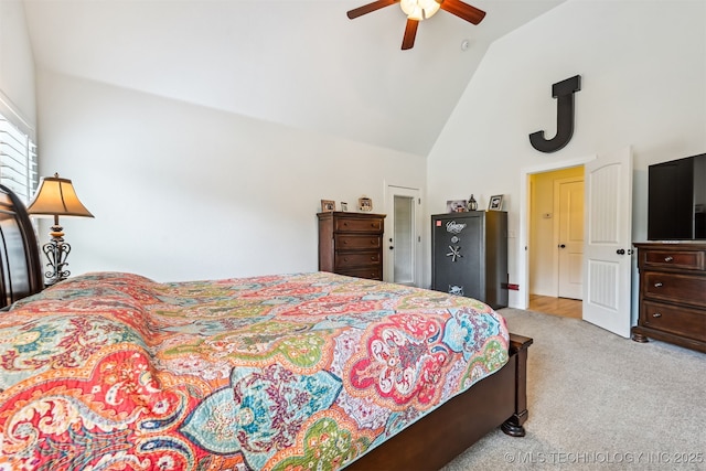16425 E 49th St, Tulsa, OK 74134 - carpeted bedroom featuring high vaulted ceiling and ceiling fan