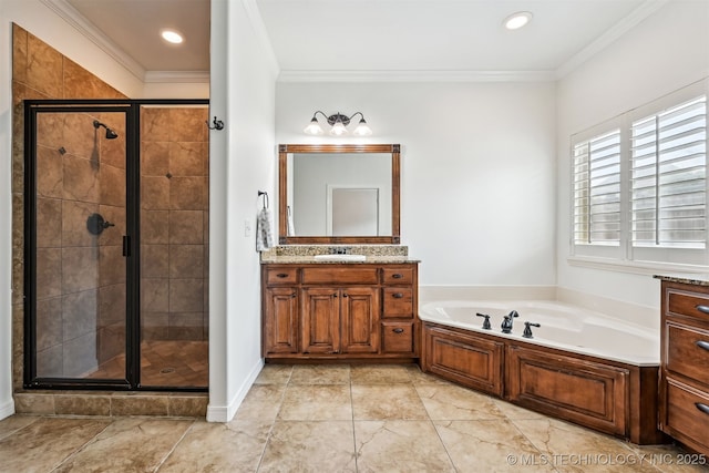 16425 E 49th St, Tulsa, OK 74134 - bathroom with a garden tub, vanity, a stall shower, crown molding, and recessed lighting