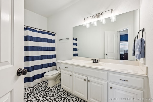 16425 E 49th St, Tulsa, OK 74134 - bathroom with vanity, toilet, tile patterned floors, and a shower with shower curtain