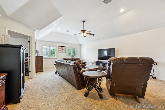16425 E 49th St, Tulsa, OK 74134 - living area featuring light colored carpet, a ceiling fan, baseboards, vaulted ceiling, and recessed lighting