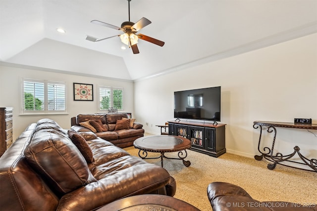 16425 E 49th St, Tulsa, OK 74134 - carpeted living room featuring a ceiling fan, lofted ceiling, baseboards, recessed lighting, and crown molding