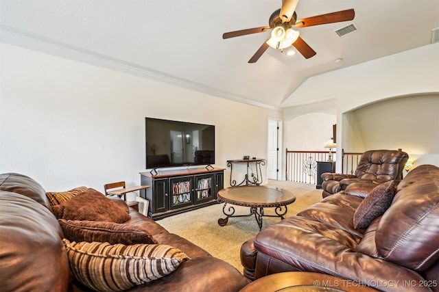 16425 E 49th St, Tulsa, OK 74134 - carpeted living area featuring lofted ceiling and ceiling fan