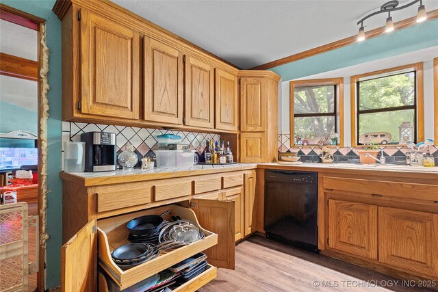 6721 Swayback, Sulphur, OK 73086 - kitchen with black dishwasher, decorative backsplash, and light wood-style floors