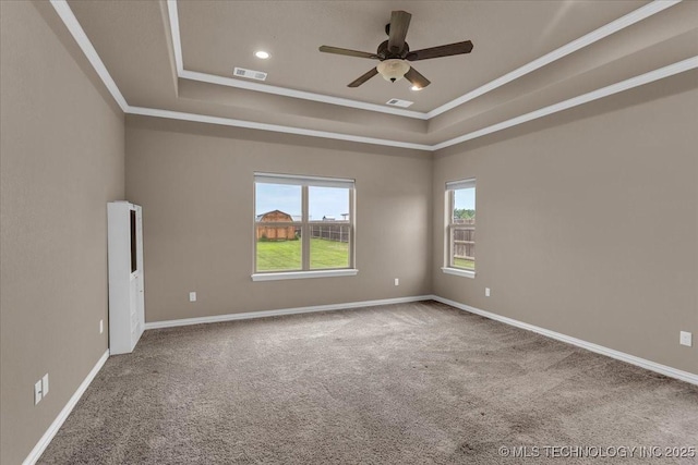 97 Paytons Pl, Durant, OK 74701 - spare room with a tray ceiling, carpet, ornamental molding, ceiling fan, and recessed lighting