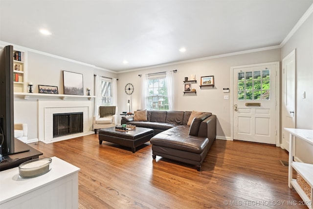 3510 E 21st Pl, Tulsa, OK 74114 - living room featuring a fireplace, ornamental molding, light wood-style flooring, recessed lighting, and baseboards