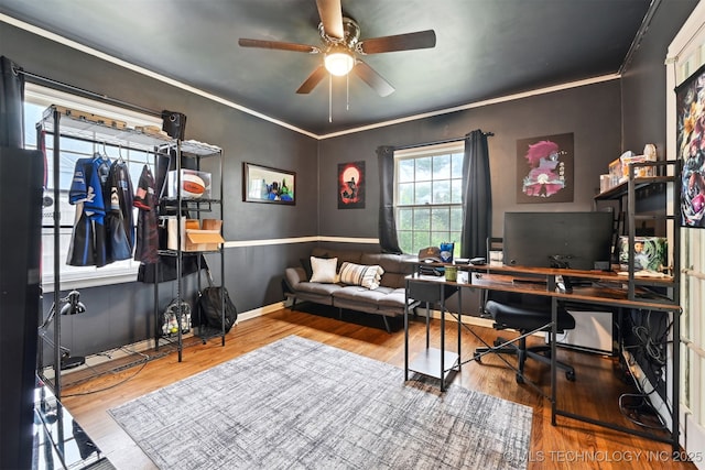 3510 E 21st Pl, Tulsa, OK 74114 - office featuring a ceiling fan, crown molding, and wood finished floors