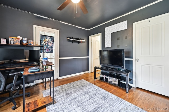 3510 E 21st Pl, Tulsa, OK 74114 - office area featuring ceiling fan, wood finished floors, and baseboards