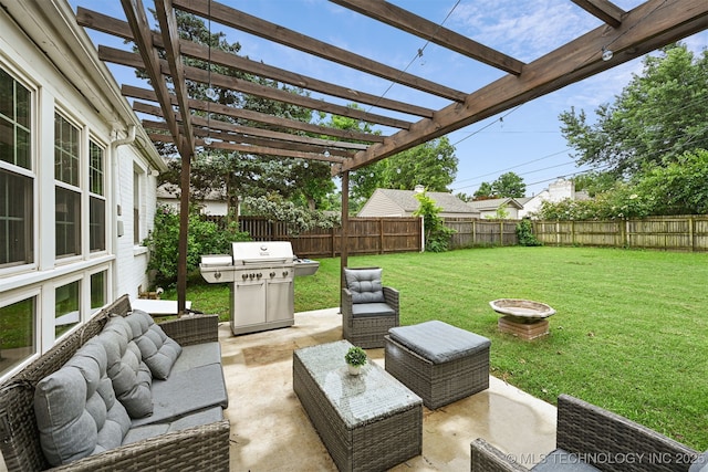3510 E 21st Pl, Tulsa, OK 74114 - view of patio with outdoor lounge area, a pergola, and area for grilling