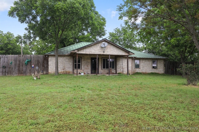 2984 Church Rd, Mead, OK 73449 - ranch-style home featuring stone siding, metal roof, a standing seam roof, and covered porch