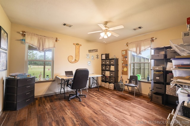 2984 Church Rd, Mead, OK 73449 - office with hardwood / wood-style flooring, a ceiling fan, plenty of natural light, and baseboards