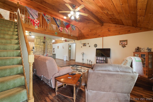 2984 Church Rd, Mead, OK 73449 - living area featuring stairway, wood finished floors, a ceiling fan, wood ceiling with exposed beams, and high vaulted ceiling