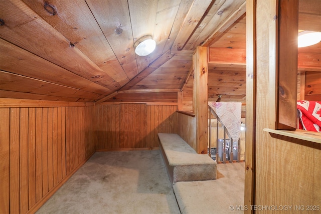 2984 Church Rd, Mead, OK 73449 - additional living space with wooden ceiling, wooden walls, vaulted ceiling, and carpet floors