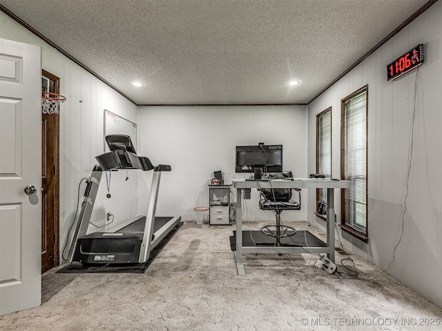 25206 E 64th St, Broken Arrow, OK 74012 - exercise room featuring carpet flooring, crown molding, a textured ceiling, and recessed lighting
