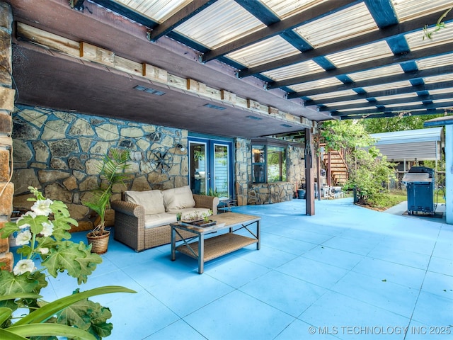 25206 E 64th St, Broken Arrow, OK 74012 - view of patio featuring a pergola, french doors, an outdoor living space, and a grill