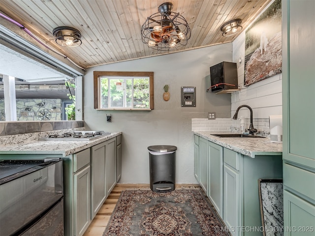 25206 E 64th St, Broken Arrow, OK 74012 - kitchen featuring a sink, stainless steel gas stovetop, vaulted ceiling, wooden ceiling, and light wood-type flooring