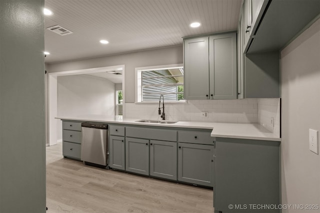 637 S Mounds St, Sapulpa, OK 74066 - kitchen featuring dishwasher, a sink, gray cabinets, tasteful backsplash, and recessed lighting