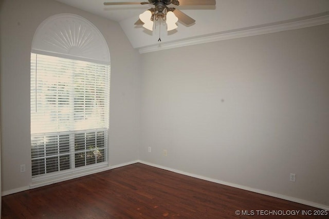 703 N Butternut Ct, Broken Arrow, OK 74012 - unfurnished room featuring a ceiling fan, wood finished floors, baseboards, lofted ceiling, and crown molding