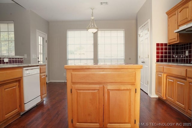 703 N Butternut Ct, Broken Arrow, OK 74012 - kitchen featuring white dishwasher, dark wood-style floors, backsplash, and a kitchen island