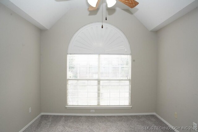 703 N Butternut Ct, Broken Arrow, OK 74012 - carpeted spare room featuring ceiling fan, vaulted ceiling, and baseboards