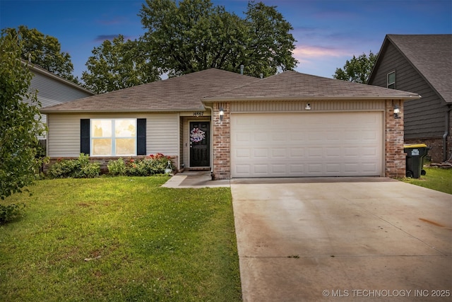 14867 S 281st E Ave, Coweta, OK 74429 - ranch-style home with driveway, an attached garage, a lawn, a shingled roof, and brick siding