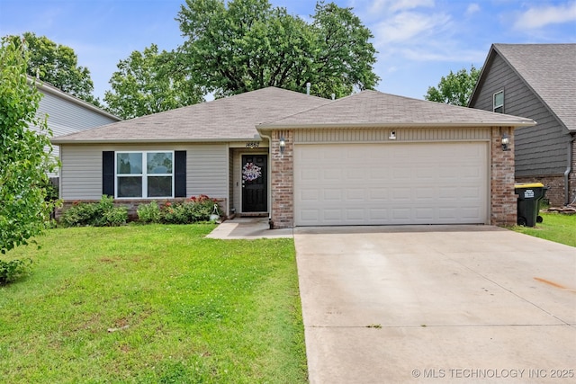 14867 S 281st E Ave, Coweta, OK 74429 - ranch-style home featuring an attached garage, concrete driveway, a front yard, and brick siding