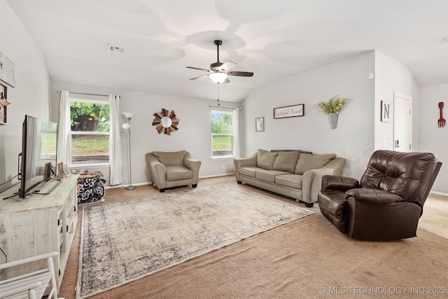 14867 S 281st E Ave, Coweta, OK 74429 - carpeted living area featuring a ceiling fan, baseboards, and lofted ceiling