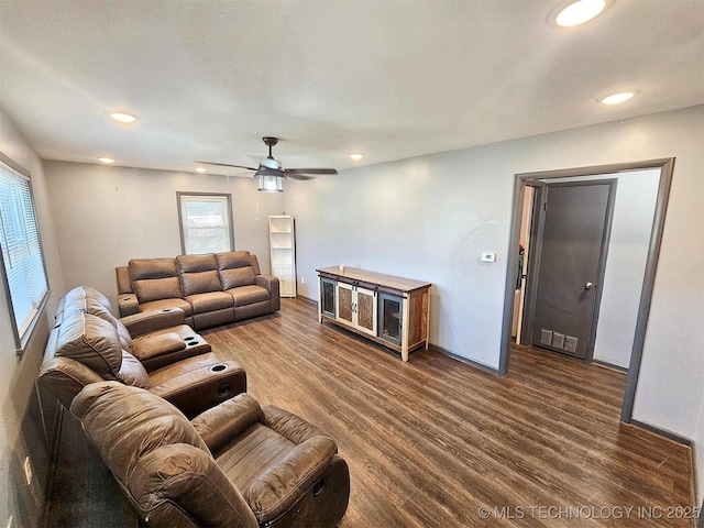 1306 E Shawnee St, Tahlequah, OK 74464 - living room with healthy amount of natural light, wood finished floors, ceiling fan, and recessed lighting