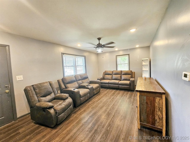 1306 E Shawnee St, Tahlequah, OK 74464 - living room with wood finished floors, a ceiling fan, and recessed lighting