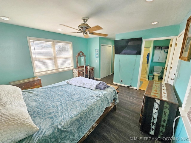 1306 E Shawnee St, Tahlequah, OK 74464 - bedroom with dark wood-style flooring, recessed lighting, ensuite bathroom, a ceiling fan, and a closet