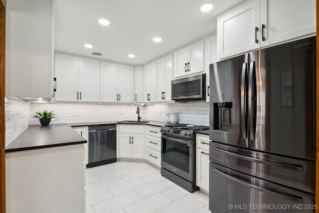 kitchen with stainless steel appliances, dark countertops, decorative backsplash, white cabinetry, and a sink