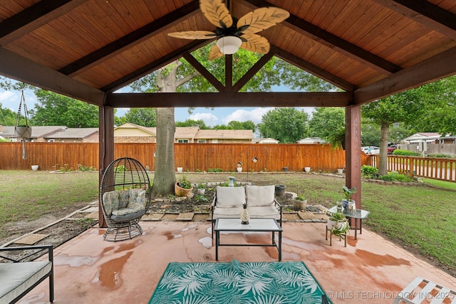 view of patio / terrace featuring a gazebo and a ceiling fan
