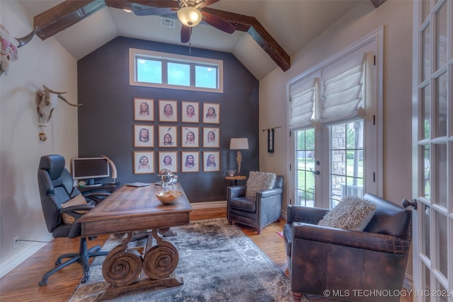6623 E 134th Pl S, Bixby, OK 74008 - office area featuring healthy amount of natural light, ceiling fan, wood finished floors, french doors, and high vaulted ceiling