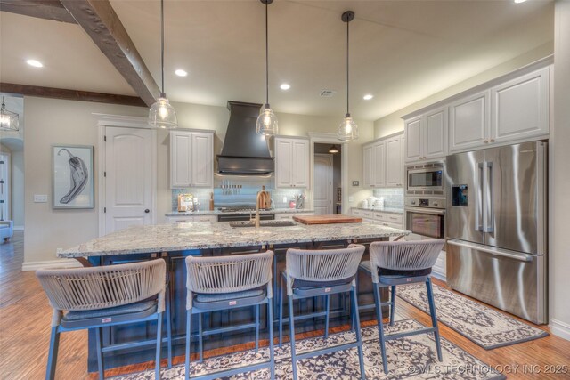 6623 E 134th Pl S, Bixby, OK 74008 - kitchen with appliances with stainless steel finishes, custom range hood, a sink, decorative backsplash, and recessed lighting