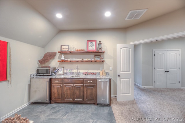 6623 E 134th Pl S, Bixby, OK 74008 - indoor wet bar with stainless steel microwave, lofted ceiling, baseboards, fridge, and recessed lighting