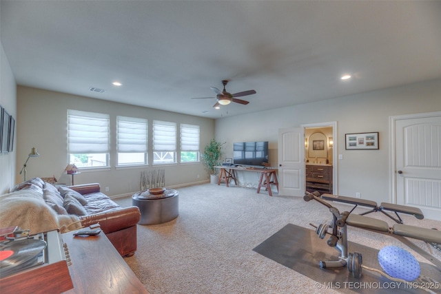 6623 E 134th Pl S, Bixby, OK 74008 - living room with a ceiling fan, carpet, baseboards, and recessed lighting