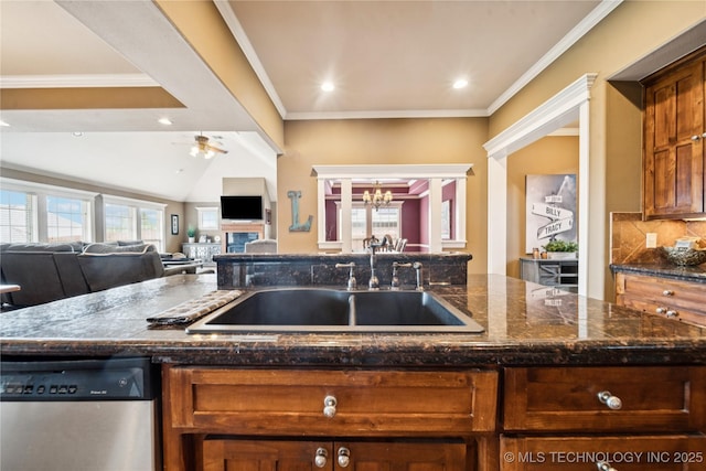 14538 S Urbana Ct, Bixby, OK 74008 - kitchen featuring dishwasher, a sink, ceiling fan, dark stone counters, and recessed lighting