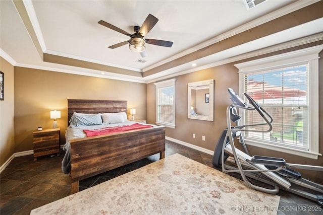 14538 S Urbana Ct, Bixby, OK 74008 - bedroom with baseboards, a raised ceiling, ornamental molding, and ceiling fan