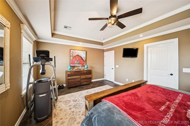 14538 S Urbana Ct, Bixby, OK 74008 - tiled bedroom with a raised ceiling, baseboards, ornamental molding, and ceiling fan