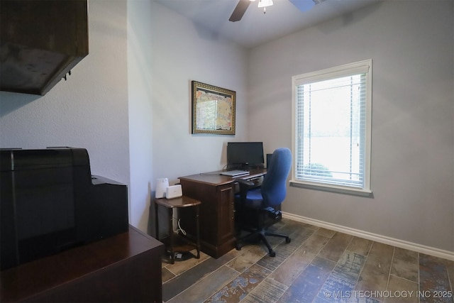 17061 S Creekwood Trl, Claremore, OK 74017 - home office featuring ceiling fan, wood finished floors, and baseboards
