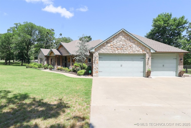17061 S Creekwood Trl, Claremore, OK 74017 - view of front of house featuring driveway, an attached garage, stone siding, a front lawn, and a shingled roof