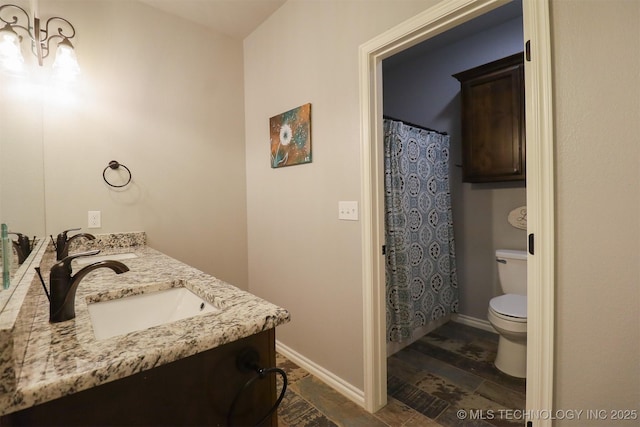 17061 S Creekwood Trl, Claremore, OK 74017 - full bath with toilet, double vanity, baseboards, and a shower with shower curtain