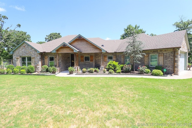 17061 S Creekwood Trl, Claremore, OK 74017 - craftsman-style house featuring a front lawn, brick siding, a shingled roof, and a garage