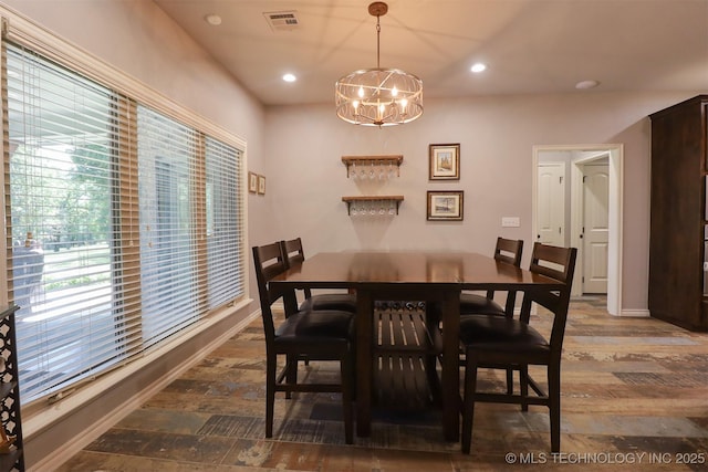 17061 S Creekwood Trl, Claremore, OK 74017 - dining room featuring a chandelier, dark wood finished floors, recessed lighting, and baseboards
