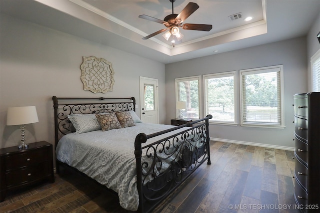 17061 S Creekwood Trl, Claremore, OK 74017 - bedroom with ornamental molding, hardwood / wood-style flooring, a tray ceiling, baseboards, and recessed lighting