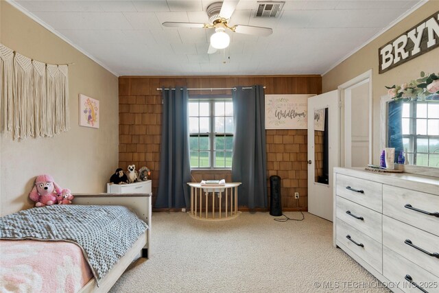 616 S Schlegel, Cushing, OK 74023 - bedroom featuring ornamental molding, light carpet, and a ceiling fan