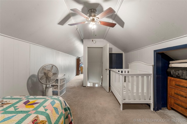 616 S Schlegel, Cushing, OK 74023 - bedroom featuring carpet flooring, vaulted ceiling, and ceiling fan