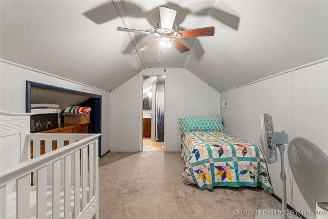 616 S Schlegel, Cushing, OK 74023 - carpeted bedroom featuring lofted ceiling and ceiling fan