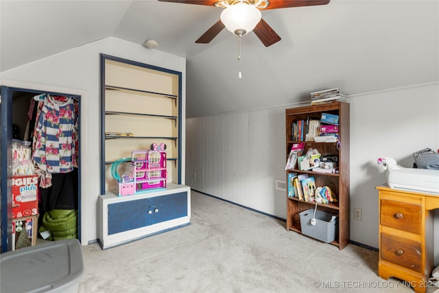 616 S Schlegel, Cushing, OK 74023 - recreation room with lofted ceiling, ceiling fan, and carpet floors