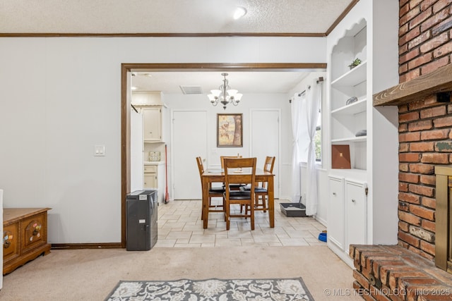 1110 S Division St, Sapulpa, OK 74066 - dining space with crown molding, light carpet, a chandelier, and a textured ceiling