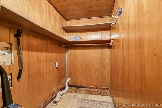 307 S Cherokee, Locust Grove, OK 74352 - laundry room featuring wood ceiling and wood walls